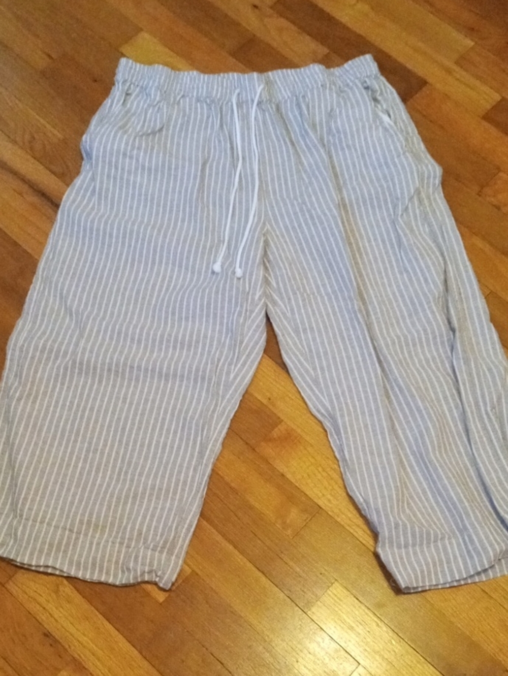 women large loose fit wide leg capri pants, tan white striped